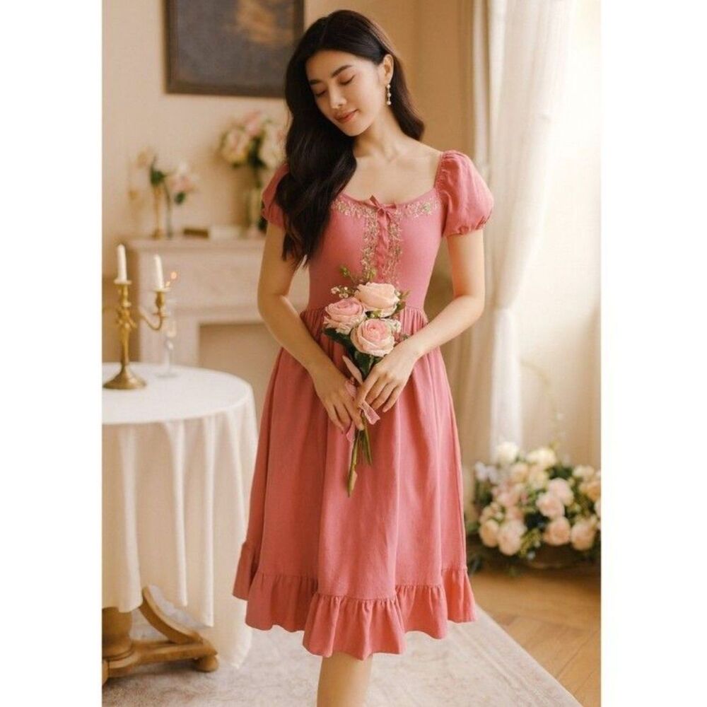 Blueberi Boulevard Embroidered Prarie Dress Womens Sz XL Pink Milk Maid NEW